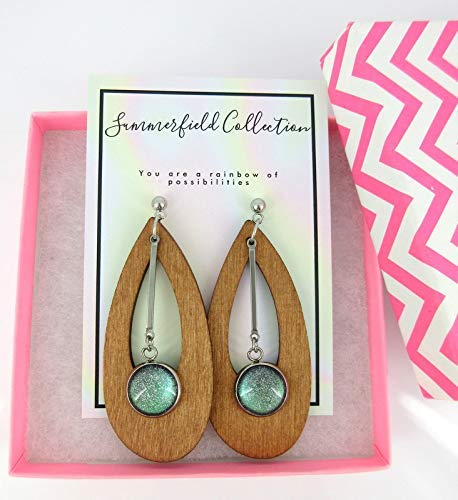 Stainless Steel Green Glitter Glass Charm Wood Teardrop Drop Earrings