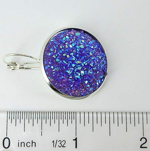 Silver-tone Purple Faux Druzy Stone Lever-back Drop Earrings Large 25mm
