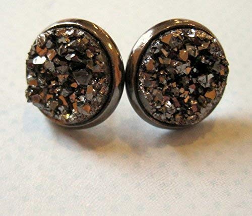 Hematite-tone Gunmetal Gray Faux Druzy Stone Stud Earrings 12mm