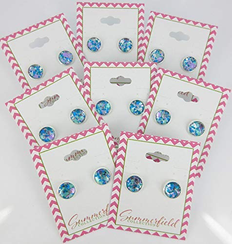 Silver-tone Blue and Purple Glitter Glass Stud Earrings Hand-painted 10mm