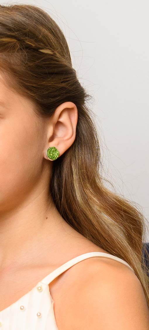 Silver-tone Spring Green Glitter Faux Druzy Stone Stud Earrings 12mm