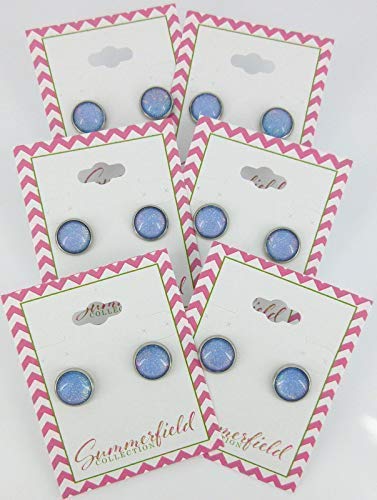 Stainless Steel Sky Blue and Rainbow Glitter Flake Glass Stud Earrings Hand-painted 10mm