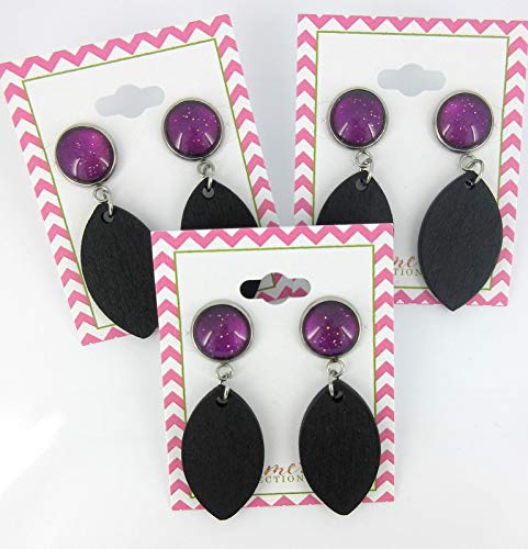 Stainless Steel Magenta Purple Glitter Glass Black Wood Drop Earrings