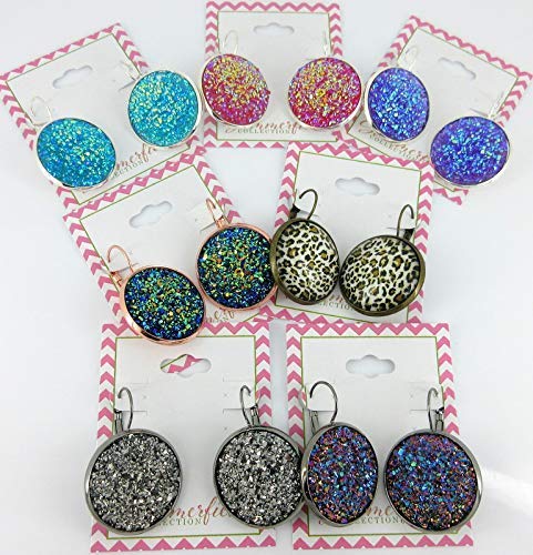 Hematite-tone Purple Pink Teal Faux Druzy Stone Lever-back Drop Earrings Large 25mm