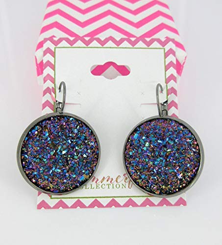 Hematite-tone Purple Pink Teal Faux Druzy Stone Lever-back Drop Earrings Large 25mm