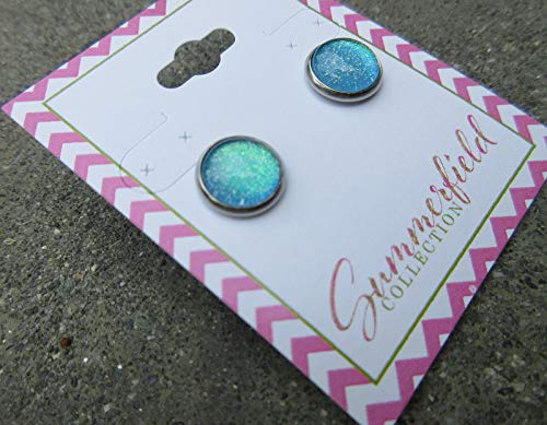 Stainless Steel Ocean Green Blue Glitter Glass Stud Earrings Hand-painted 10mm