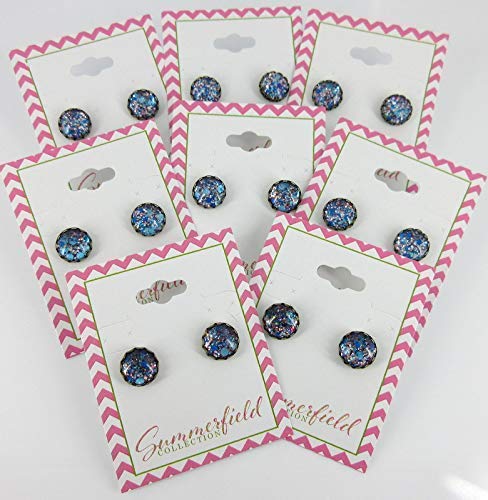 Antiqued Gold-tone Purple and Blue Glitter Glass Stud Earrings Hand-painted 10mm