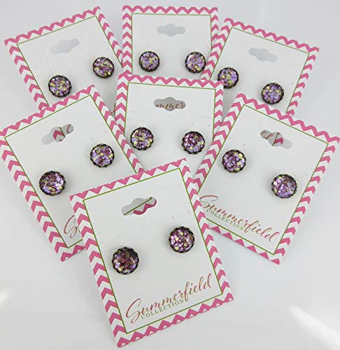 Antiqued Gold-tone Purple Glitter Glass Stud Earrings Hand-painted 10mm