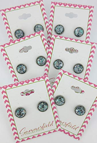 Hematite-tone Mint Green and Silver Glitter Glass Stud Earrings Hand-painted 10mm