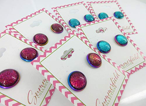 Rainbow Stainless Steel Metallic Aqua Blue Glitter Glass Stud Earrings Hand-painted 12mm