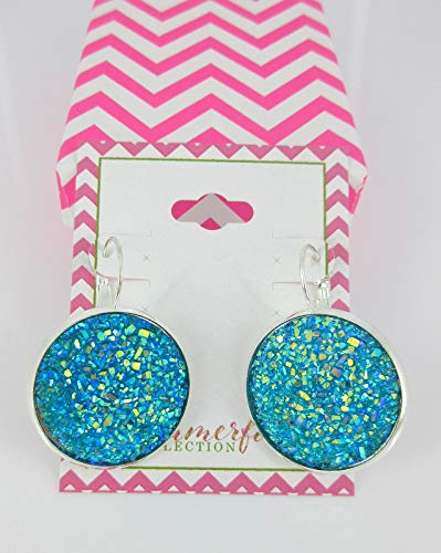Silver-tone Aqua Blue Faux Druzy Stone Lever-back Drop Earrings Large 25mm