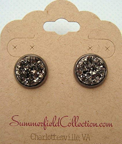 Hematite-tone Gunmetal Gray Faux Druzy Stone Stud Earrings 12mm