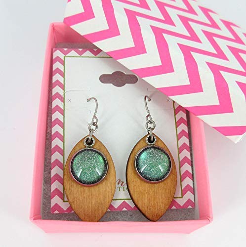 Stainless Steel Green Glitter Glass Charm Wood Leaf Dangle Earrings