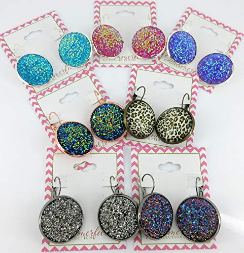 Silver-tone Aqua Blue Faux Druzy Stone Lever-back Drop Earrings Large 25mm
