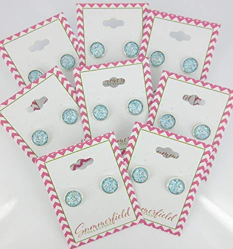Silver-tone Blue and White Glitter Glass Stud Earrings Hand-painted 10mm