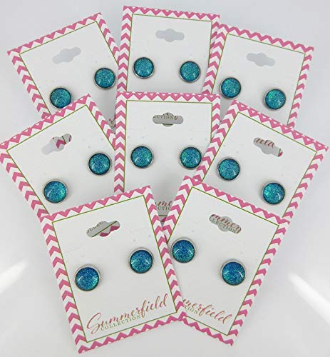 Stainless Steel Blue Green Glitter Glass Stud Earrings Hand-painted 10mm