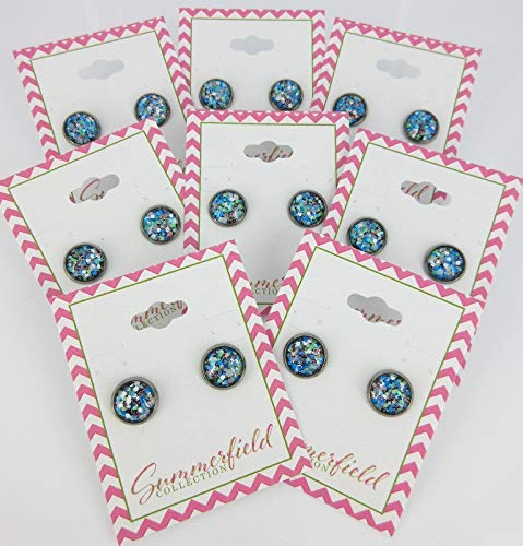 Hematite-tone Blue Green White Glitter Glass Stud Earrings Hand-painted 10mm
