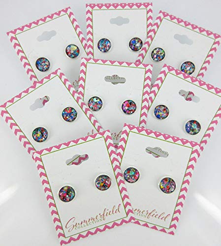 Silver-tone Black and Multi-Color Confetti Glitter Glass Stud Earrings Hand-painted 10mm