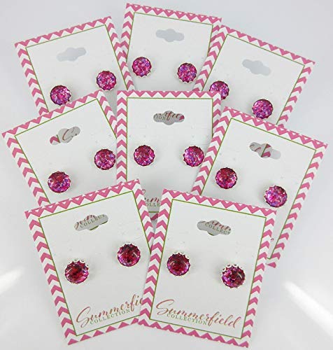 Silver-tone Hot Pink Glitter Glass Stud Earrings Hand-painted 10mm