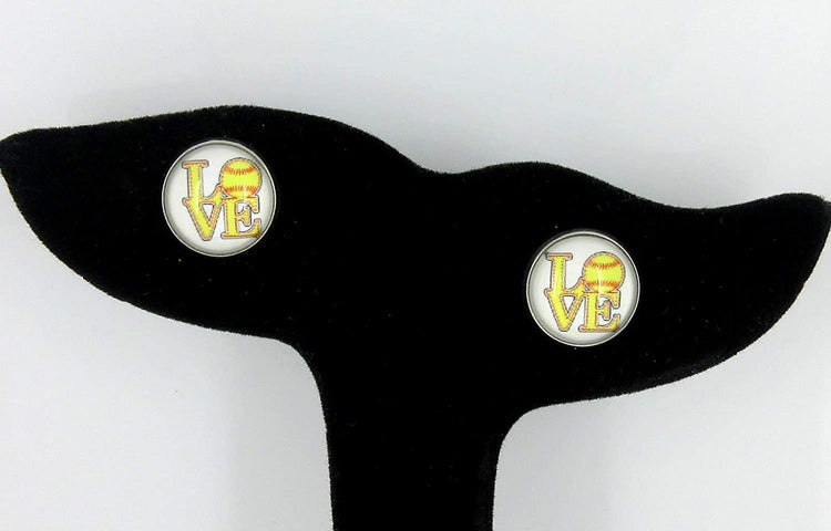 Stainless Steel Love Softball Print Glass Stud Earrings 12mm