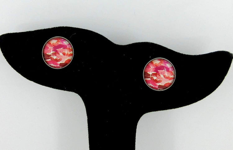 Stainless Steel Lipstick Kisses Camo Print Glass Stud Earrings 12mm White Pink Red
