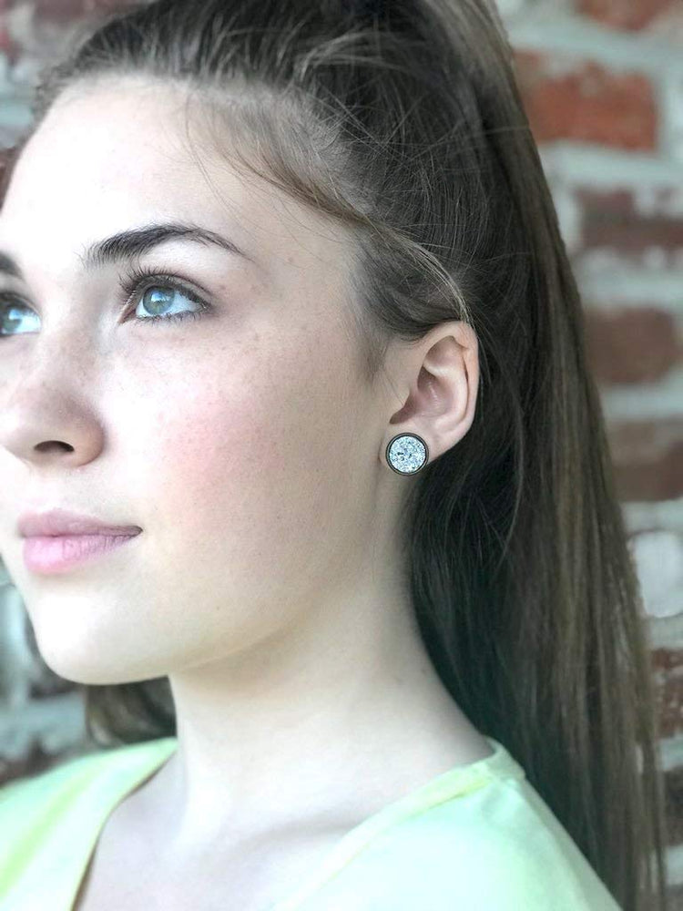 Trio Antiqued Gold-tone Stud Earrings 12mm Faux Druzy Stone Silver Metallic Blue Pink Set