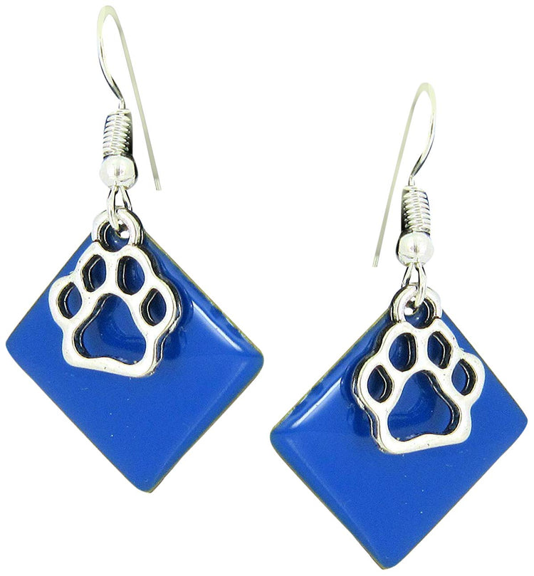 Silver-tone Royal Blue Enamel Paw Print Charm Dangle Earrings