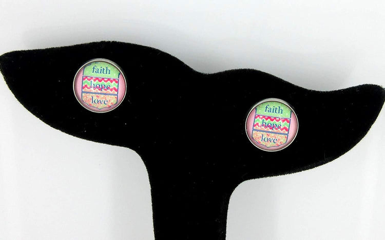 Stainless Steel Faith Hope Love Print Glass Stud Earrings 12mm