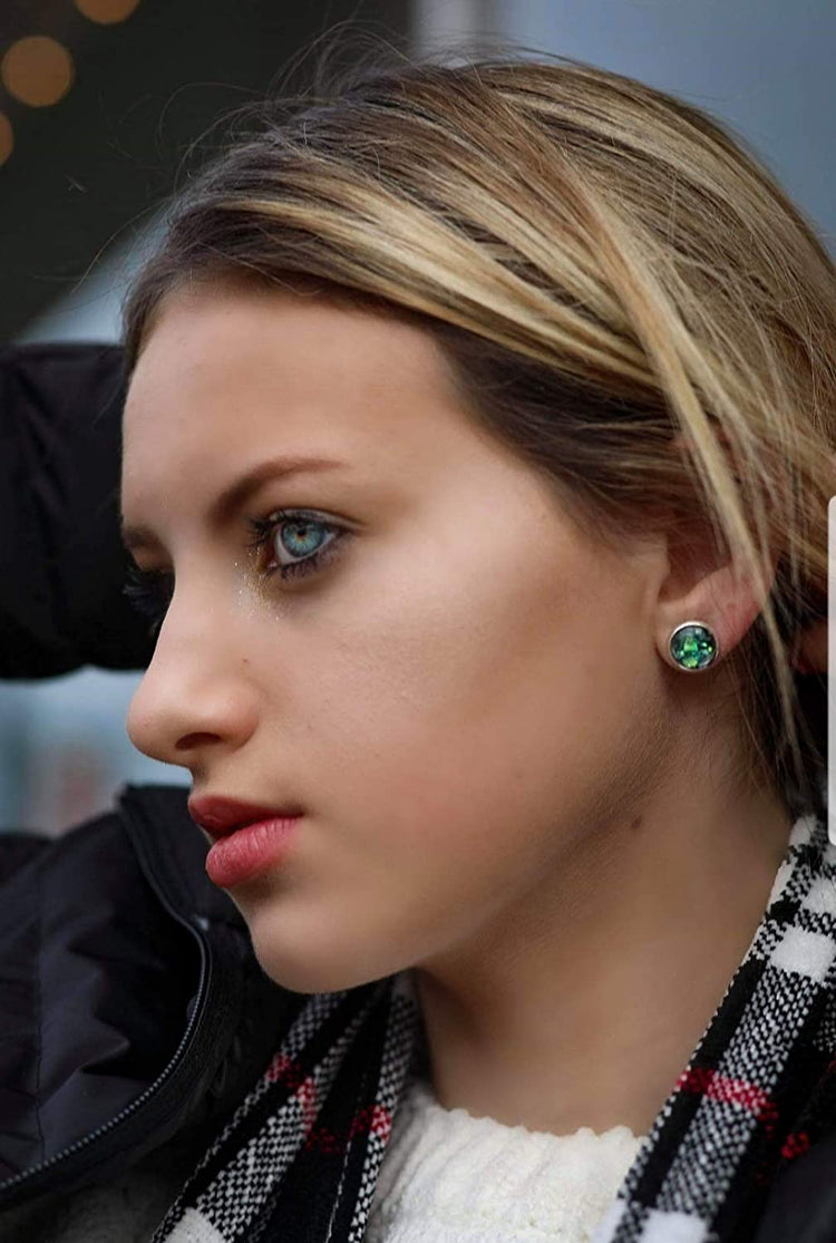 Shiny Silver-tone Black and Opalescent Leaf Resin Stud Earrings 10mm