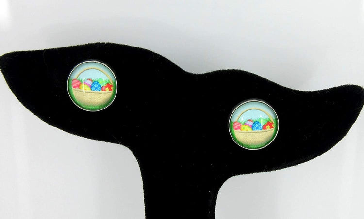 Stainless Steel Easter Egg Basket Print Glass Stud Earrings 12mm