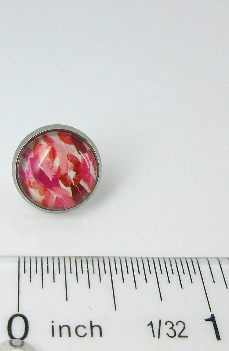 Stainless Steel Lipstick Kisses Camo Print Glass Stud Earrings 12mm White Pink Red