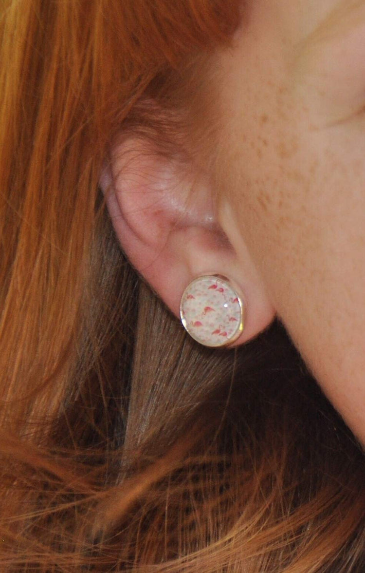 Silver-tone White Pink and Blue Flamingo Print Glass Stud Earrings 12mm