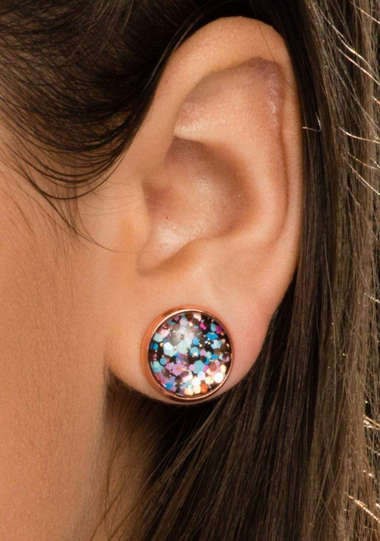 Rose Gold-tone Blue Pink Purple Glitter Glass Stud Earrings 12mm Hand-painted