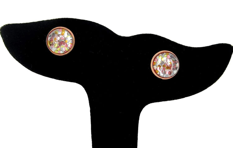 Rose Gold-tone Pearly Silver and 5 Metal Glitter Glass Stud Earrings Hand-painted 10mm