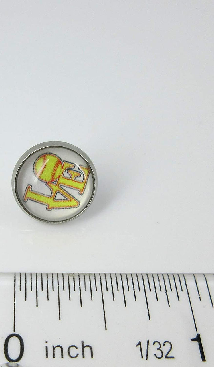 Stainless Steel Love Softball Print Glass Stud Earrings 12mm