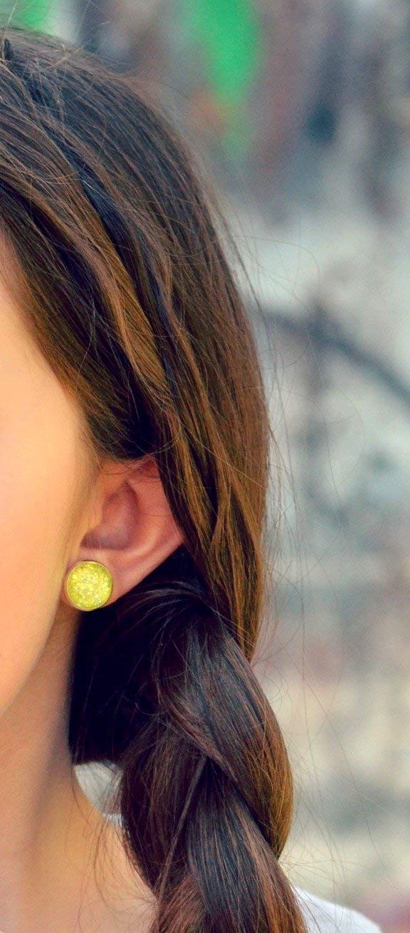 Silver-tone Neon Yellow Green Glitter Glass Stud Earrings Hand-painted 12mm