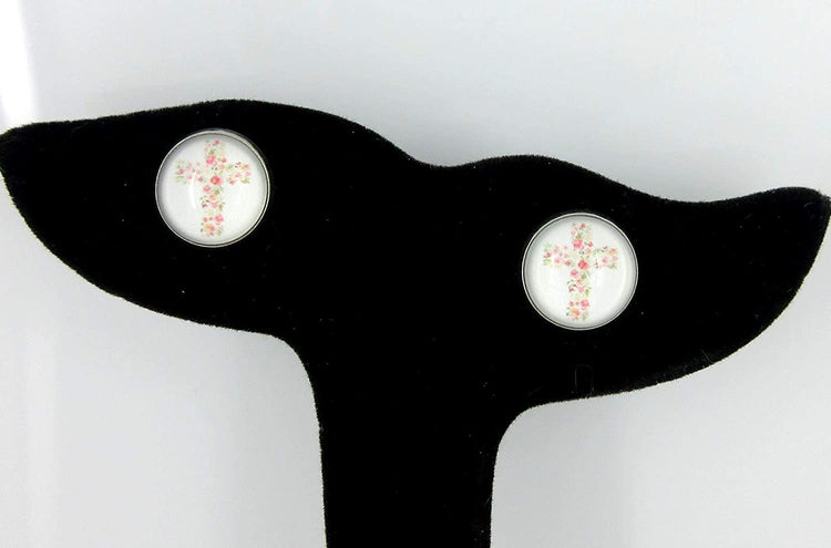 Stainless Steel White and Pink Flower Cross Print Glass Stud Earrings 12mm