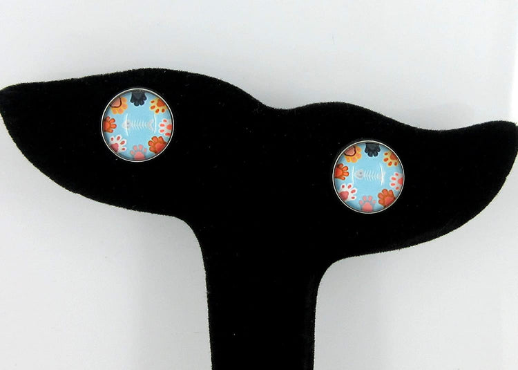 Stainless Steel Sky Blue Cat Paw Print Glass Stud Earrings 12mm