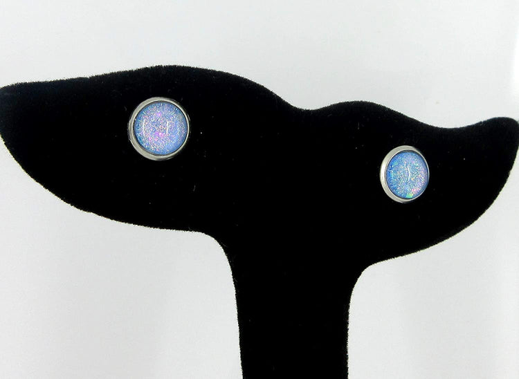 Stainless Steel Sky Blue and Rainbow Glitter Flake Glass Stud Earrings Hand-painted
