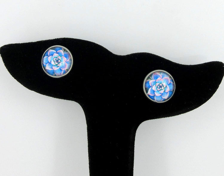 Stainless Steel Pink and Blue Succulent Plant Print Glass Stud Earrings 12mm