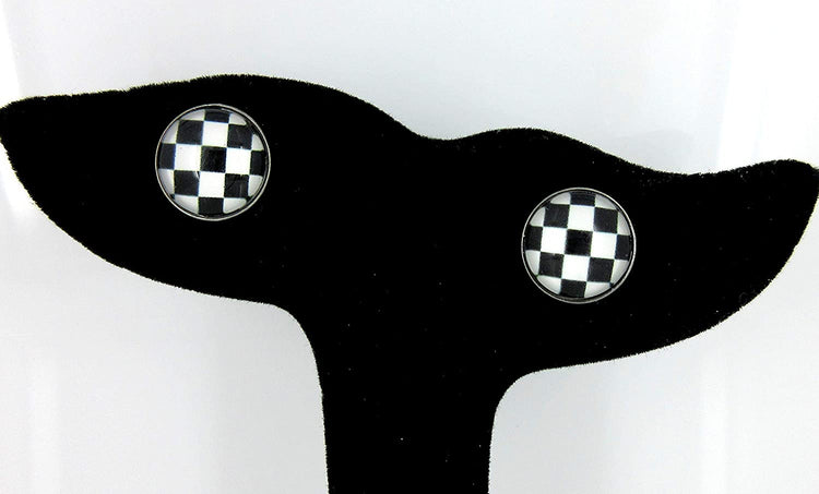 Hematite-tone Black and White Checkerboard Print Glass Stud Earrings 12mm