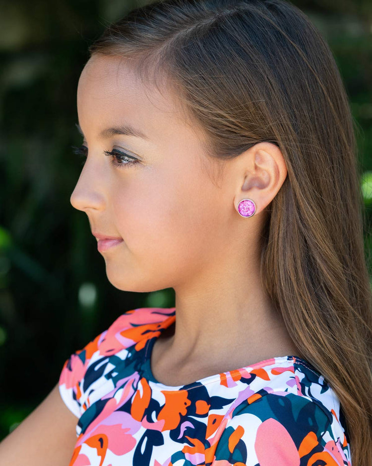 Silver-tone Raspberry and Hot Pink Glitter Glass Stud Earrings Hand-painted 12mm