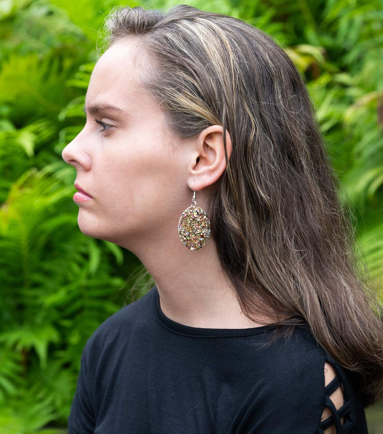 Gold and Rainbow Glitter Faux Leather Oval Dangle Earrings