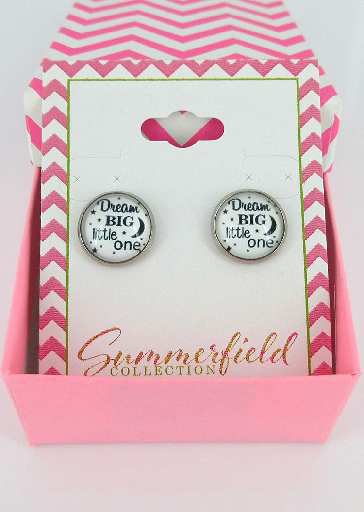 Stainless Steel Dream Big Little One Print Glass Stud Earrings 12mm