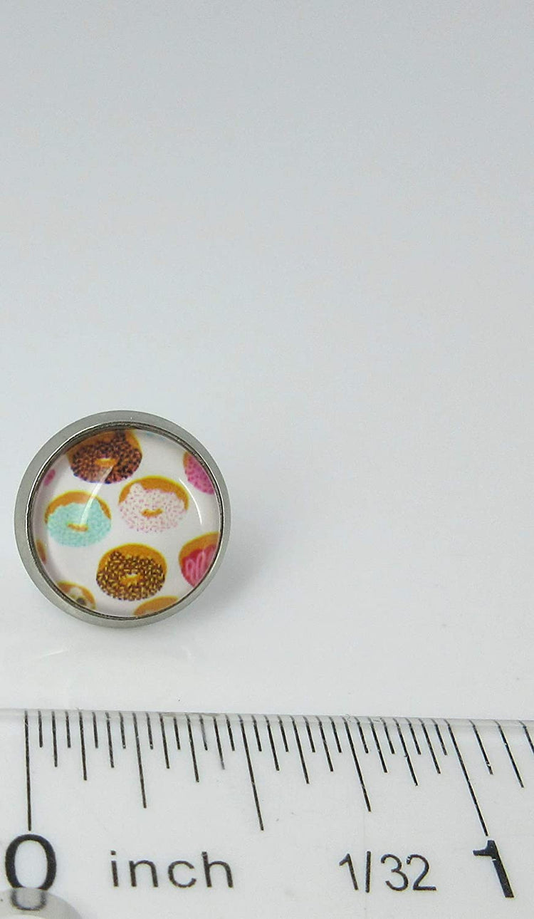 Stainless Steel Pink Blue Brown Doughnut Print Glass Stud Earrings 12mm