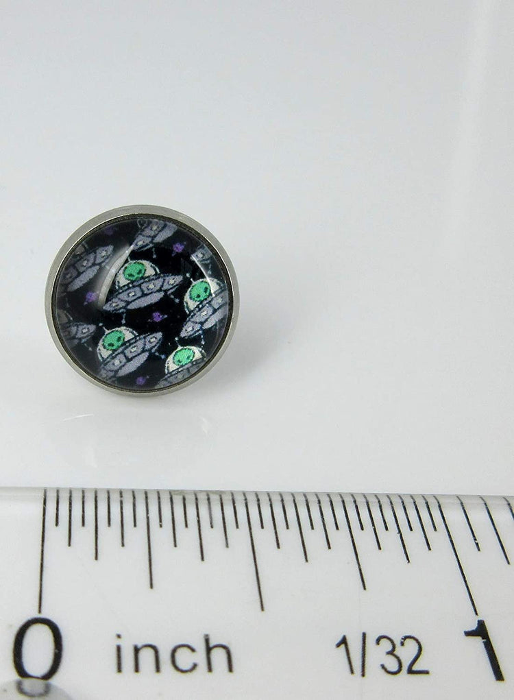Stainless Steel Neon Green Black Silver White Alien UFO Print Glass Stud Earrings 12mm
