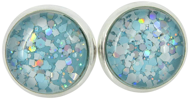 Silver-tone Blue and White Glitter Glass Stud Earrings Hand-painted 10mm