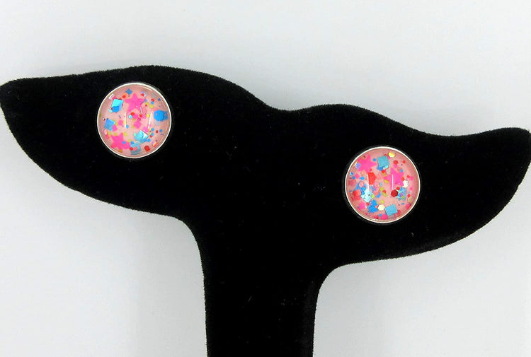Silver-tone Bubblegum Pink Confetti Glitter Glass Stud Earrings Hand-painted 12mm