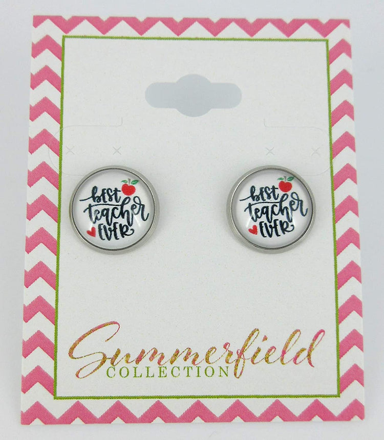 Stainless Steel Best Teacher Ever Red Apple Print Glass Stud Earrings 12mm