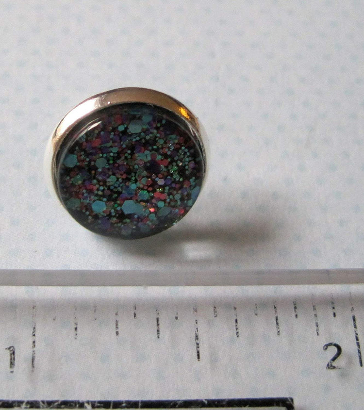 Silver-tone Blue Purple Pink Glitter Glass Stud Earrings 12mm Hand-painted